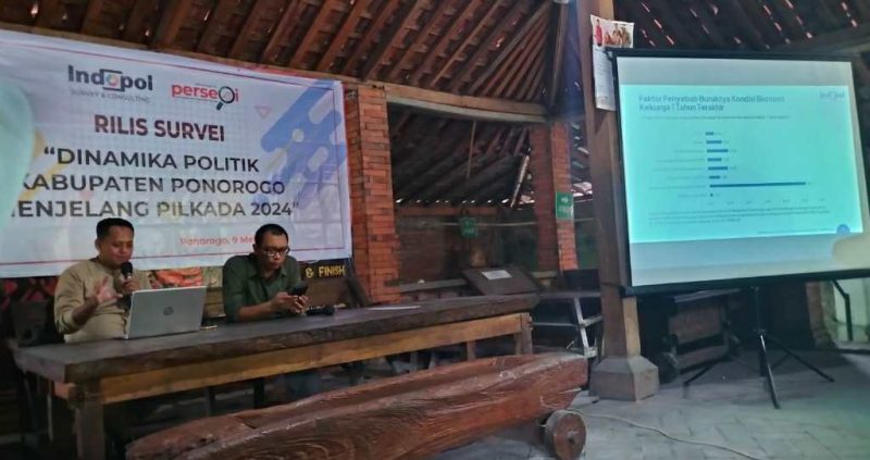 Indopol merilis hasil survei bertajuk dinamika politik Kabupaten Ponorogo menjelang Pilkada 2024 pada Kamis (9/5). (Foto/Lintas7.net).